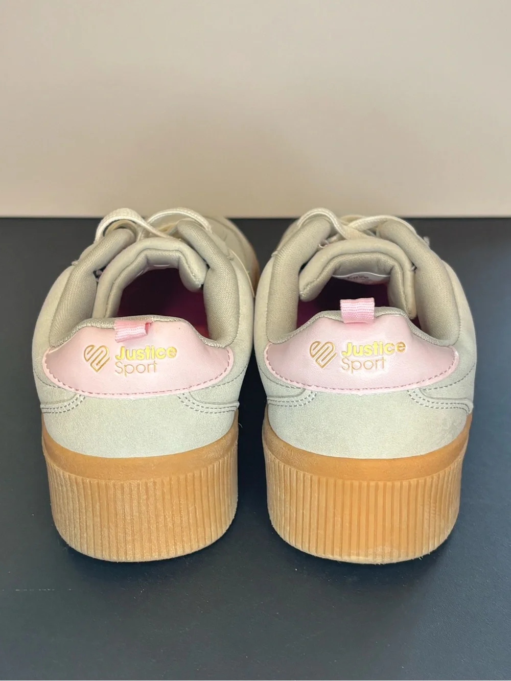 Justice Sport Cream Platform Sneakers with Gum Sole and Pink Accents Size 5